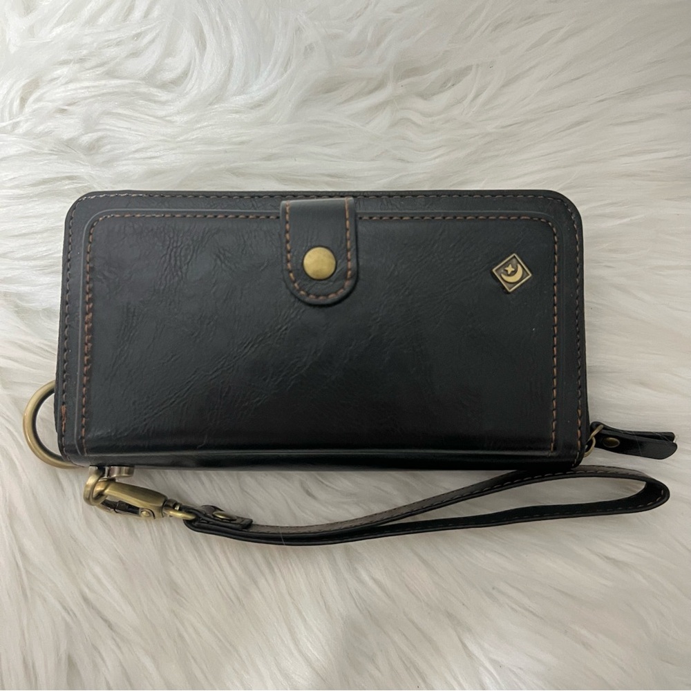 Pola Black Leather Galaxy 10 Note Phone Holder Wristlet Magnetic Wallet New